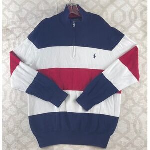 Polo Ralph Lauren Mens Pima Cotton Quarter Zip Sweater Colorblock Navy Red Large